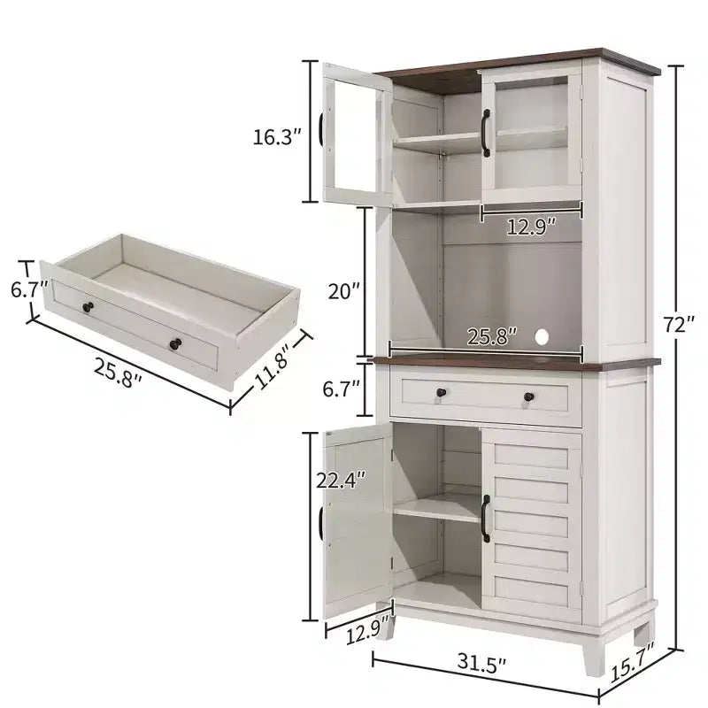 72" Tall Coffee Bar Cabinet with 2 Glass Doors and 2 Drawers – Kitchen and Dining Room Storage