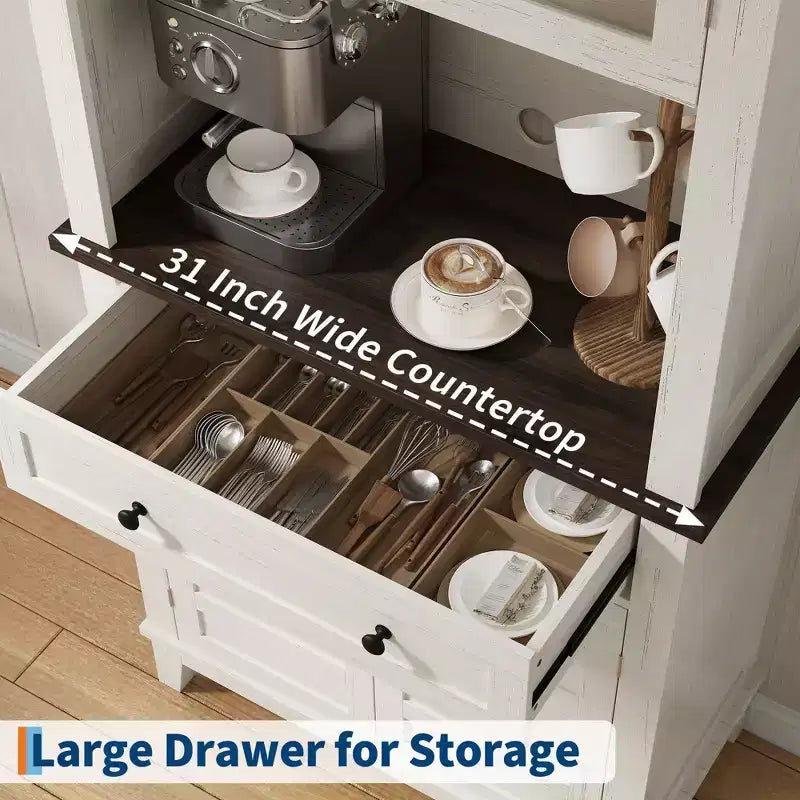 72" Tall Coffee Bar Cabinet with 2 Glass Doors and 2 Drawers – Kitchen and Dining Room Storage