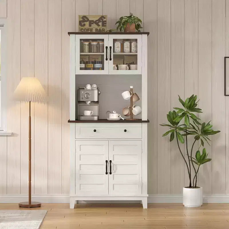 72" Tall Coffee Bar Cabinet with 2 Glass Doors and 2 Drawers – Kitchen and Dining Room Storage