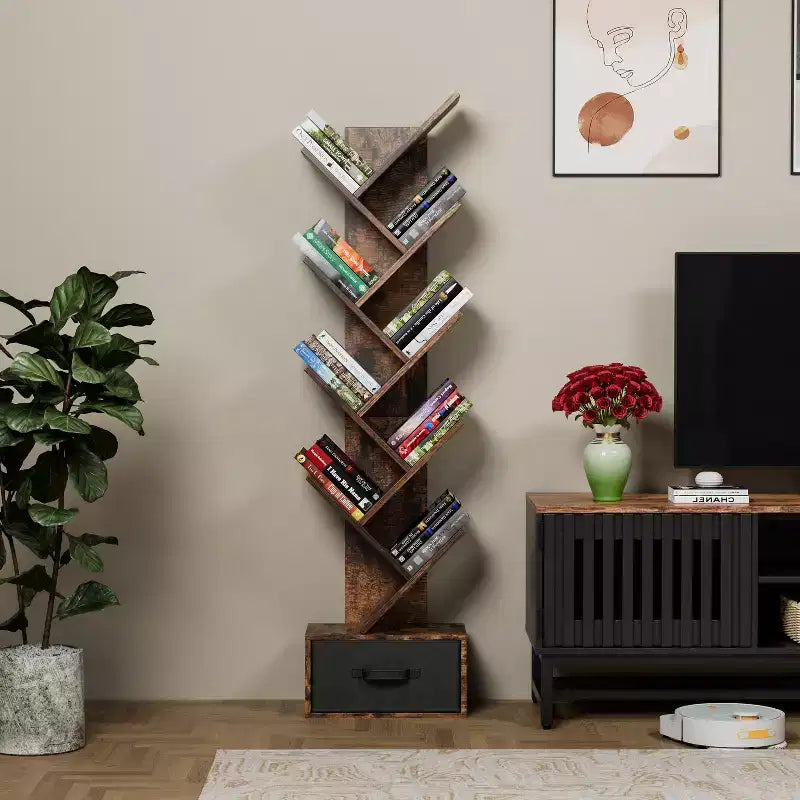 MAYEERTY 9 Tier Tree Bookshelf with Drawer Bookshelf Modern Book Storage Free Standing Tree Bookshelf Rustic Brown for Living Room Bedroom