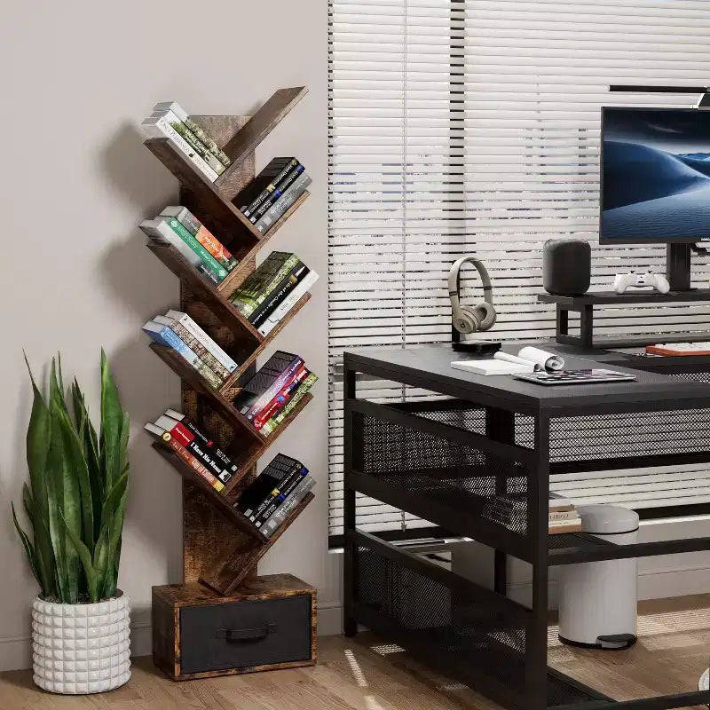 Étagère bibliothèque à 9 niveaux avec tiroir – Marron rustique, autoportante, pour salon ou chambre à coucher