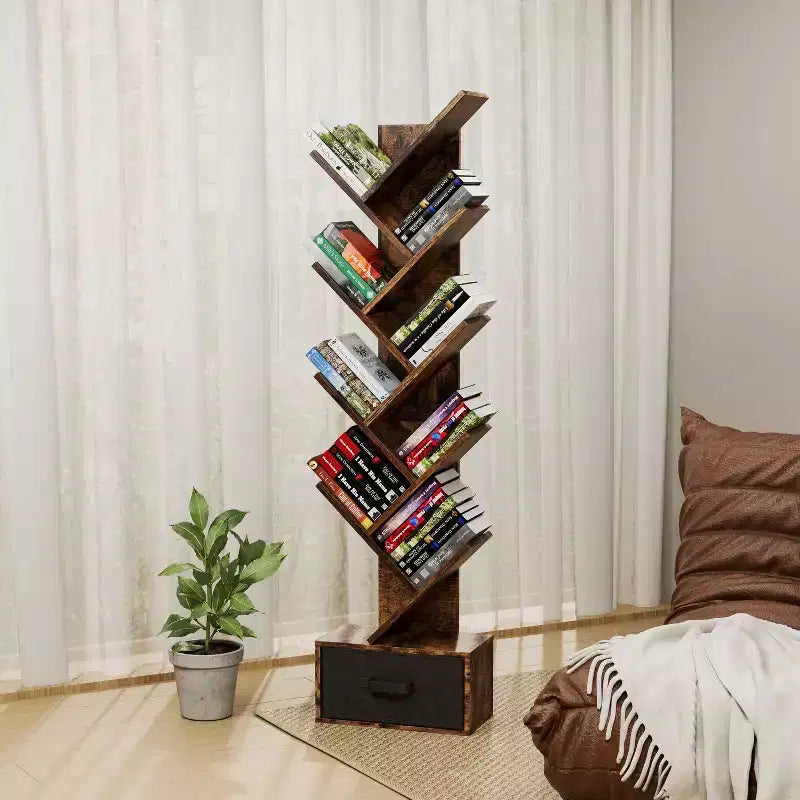Étagère bibliothèque à 9 niveaux avec tiroir – Marron rustique, autoportante, pour salon ou chambre à coucher