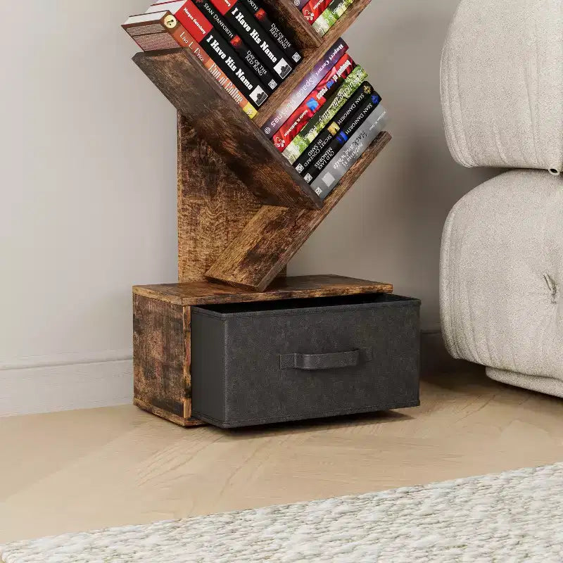 Étagère bibliothèque à 9 niveaux avec tiroir – Marron rustique, autoportante, pour salon ou chambre à coucher