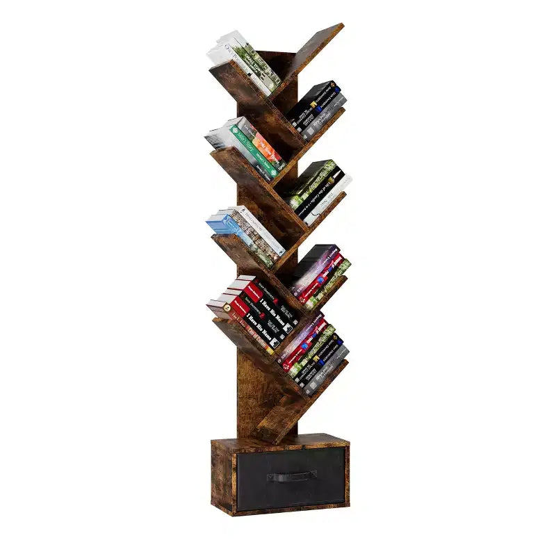 Étagère bibliothèque à 9 niveaux avec tiroir – Marron rustique, autoportante, pour salon ou chambre à coucher