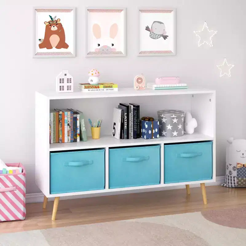 Étagère à Livres pour Enfants avec Tiroirs en Tissu Pliables et Meuble de Rangement pour Jouets, Blanc et Rose
