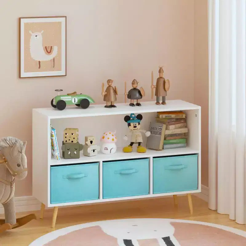 Étagère à Livres pour Enfants avec Tiroirs en Tissu Pliables et Meuble de Rangement pour Jouets, Blanc et Rose