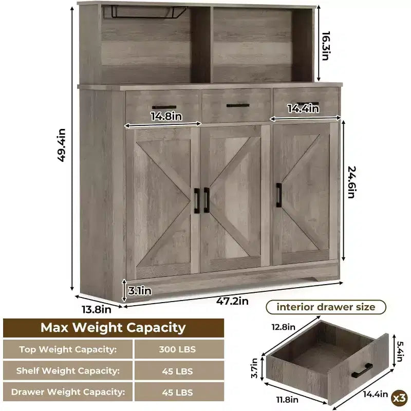 Buffet de ferme avec support à micro-ondes, buffet de rangement avec portes coulissantes, tiroirs et étagères, meuble bar à café en bois