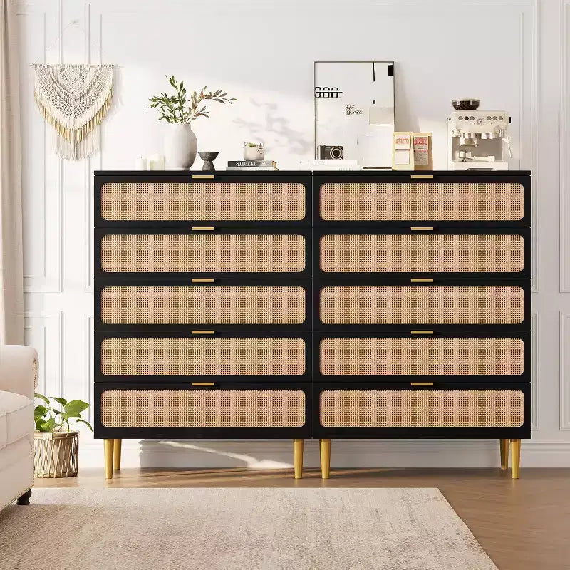 Commode 5 Tiroirs en Rotin pour Chambre à Coucher, Grande Commode Double, Commode en Bois pour Placard avec Grand Plateau, pour Salon, Couloir