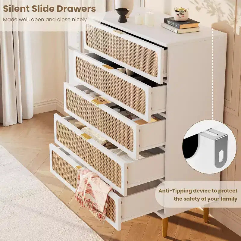 Commode 5 Tiroirs en Rotin pour Chambre à Coucher, Grande Commode Double, Commode en Bois pour Placard avec Grand Plateau, pour Salon, Couloir