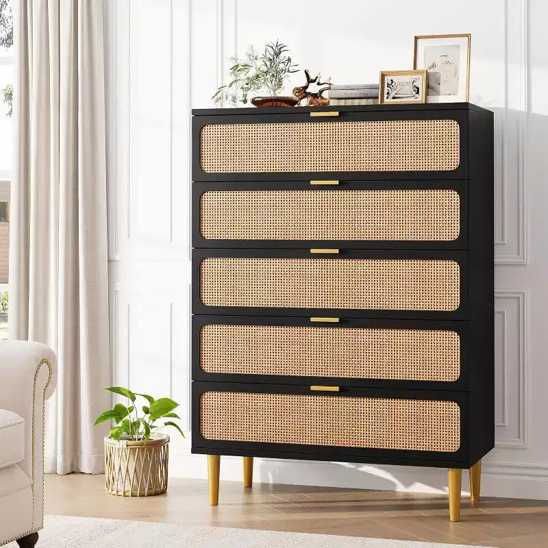 Commode 5 Tiroirs en Rotin pour Chambre à Coucher, Grande Commode Double, Commode en Bois pour Placard avec Grand Plateau, pour Salon, Couloir