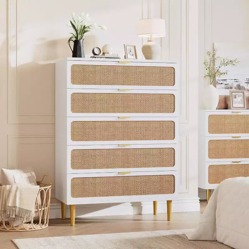 Commode 5 Tiroirs en Rotin pour Chambre à Coucher, Grande Commode Double, Commode en Bois pour Placard avec Grand Plateau, pour Salon, Couloir