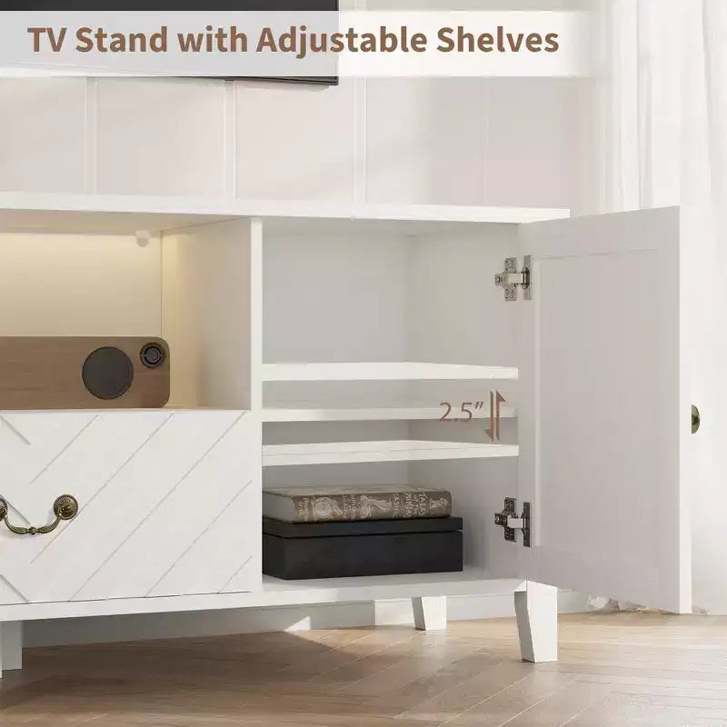 Meuble TV de style ferme pour téléviseurs jusqu'à 70 pouces, console multimédia avec tiroir à motif en V