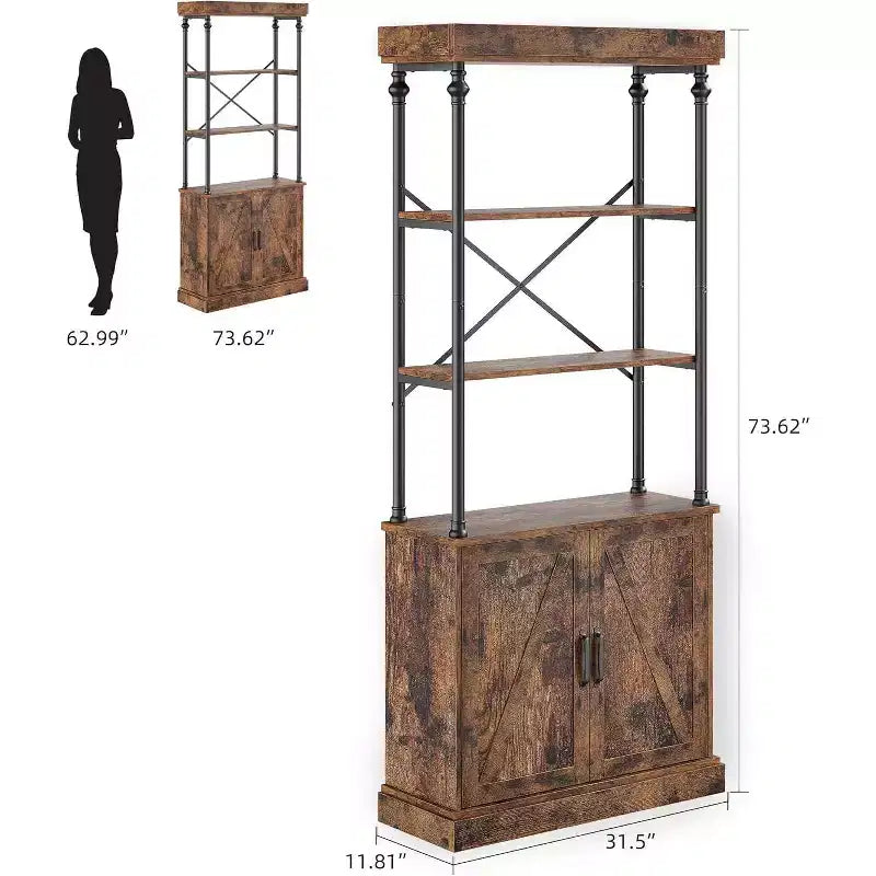 Bibliothèque haute avec portes, étagère industrielle à 4 niveaux avec armoire, cadre en bois et métal