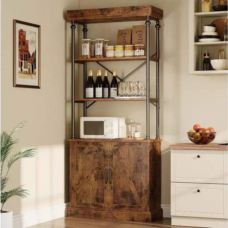 Bibliothèque haute avec portes, étagère industrielle à 4 niveaux avec armoire, cadre en bois et métal