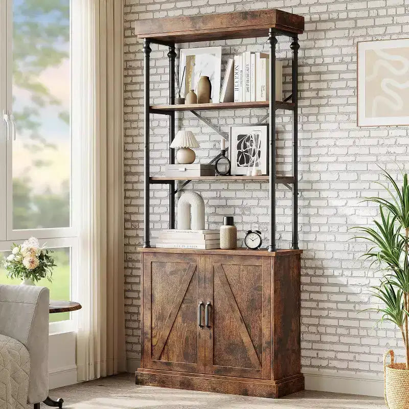 Bibliothèque haute avec portes, étagère industrielle à 4 niveaux avec armoire, cadre en bois et métal