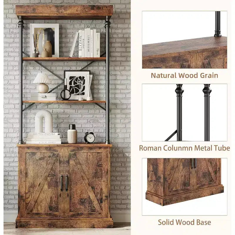 Bibliothèque haute avec portes, étagère industrielle à 4 niveaux avec armoire, cadre en bois et métal