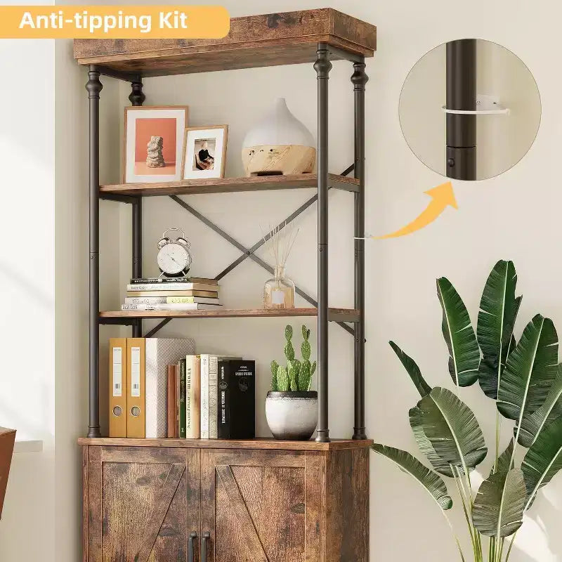 Bibliothèque haute avec portes, étagère industrielle à 4 niveaux avec armoire, cadre en bois et métal