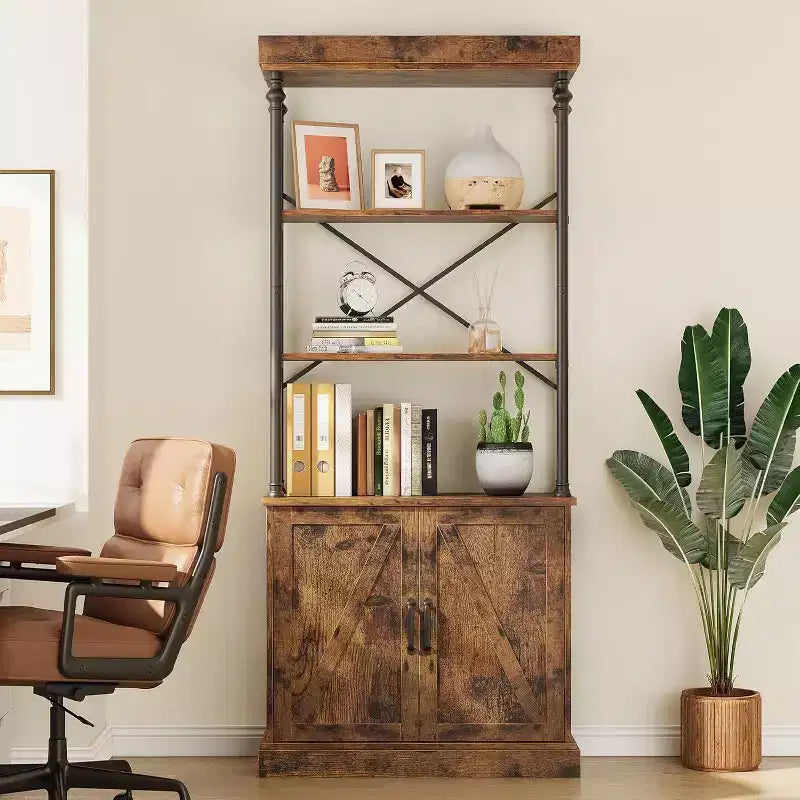 Bibliothèque haute avec portes, étagère industrielle à 4 niveaux avec armoire, cadre en bois et métal