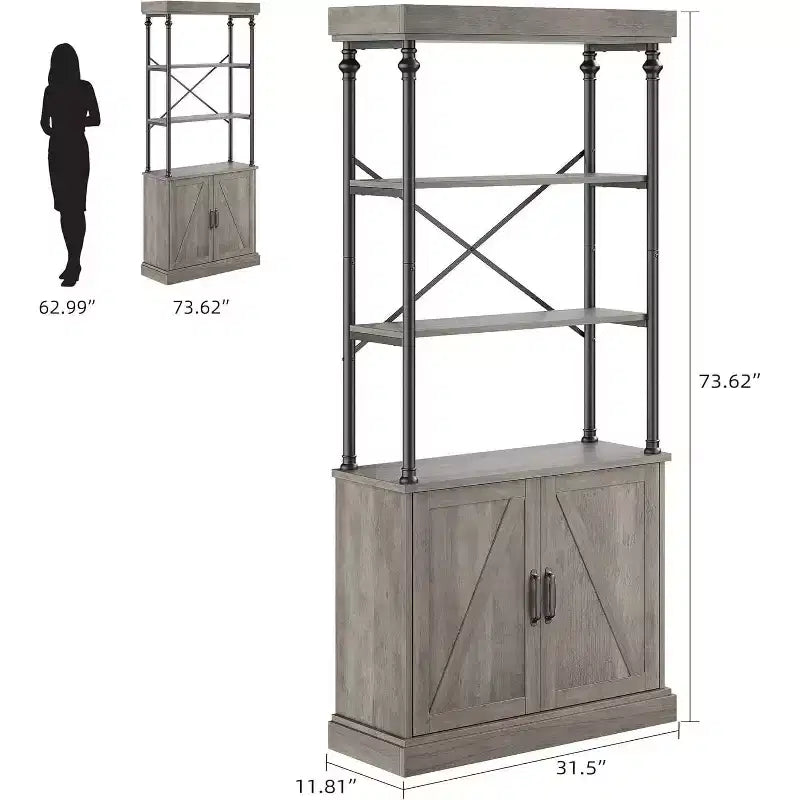 Bibliothèque haute avec portes, étagère industrielle à 4 niveaux avec armoire, cadre en bois et métal
