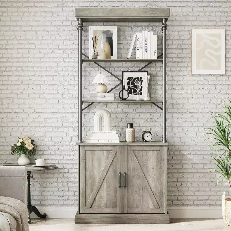 Bibliothèque haute avec portes, étagère industrielle à 4 niveaux avec armoire, cadre en bois et métal