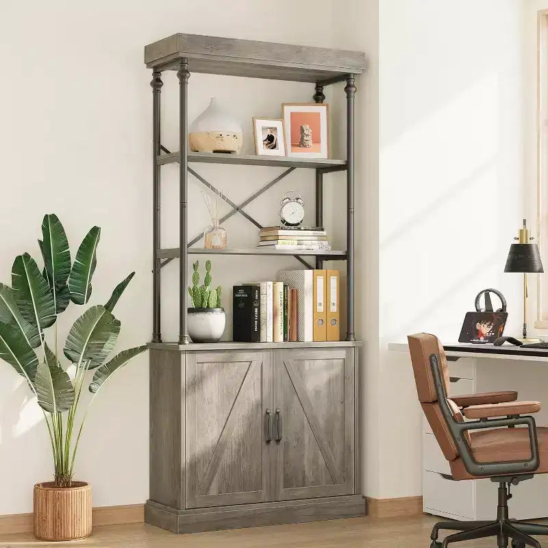 Bibliothèque haute avec portes, étagère industrielle à 4 niveaux avec armoire, cadre en bois et métal