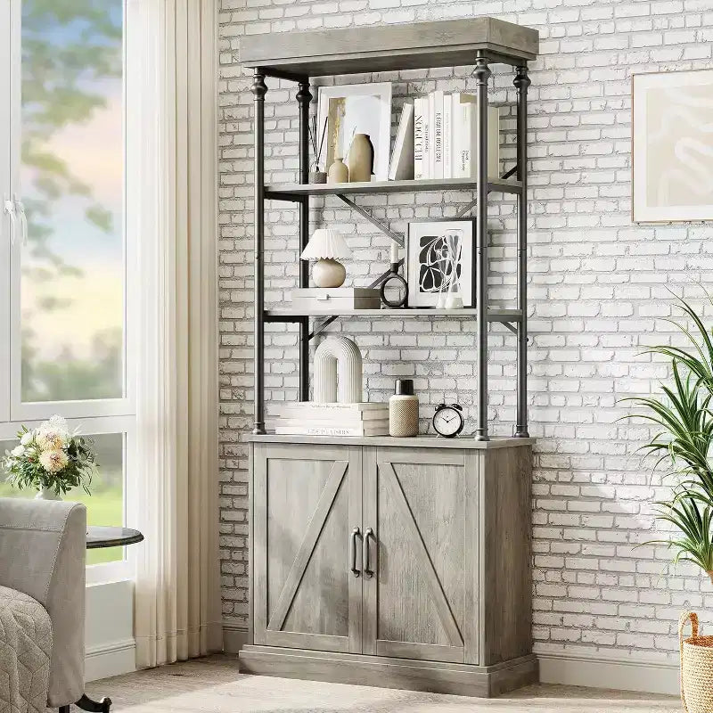 Bibliothèque haute avec portes, étagère industrielle à 4 niveaux avec armoire, cadre en bois et métal