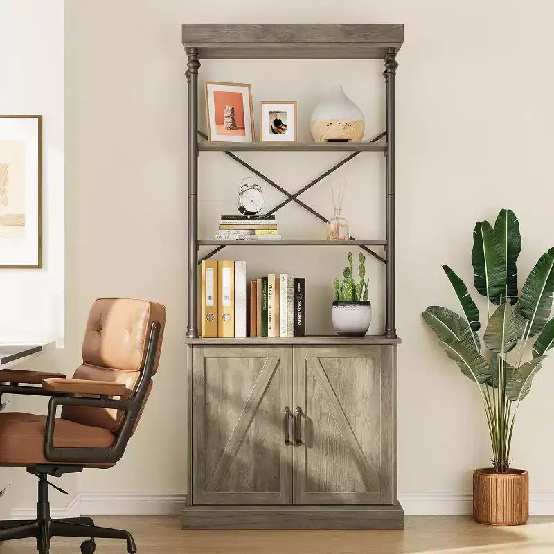 Bibliothèque haute avec portes, étagère industrielle à 4 niveaux avec armoire, cadre en bois et métal