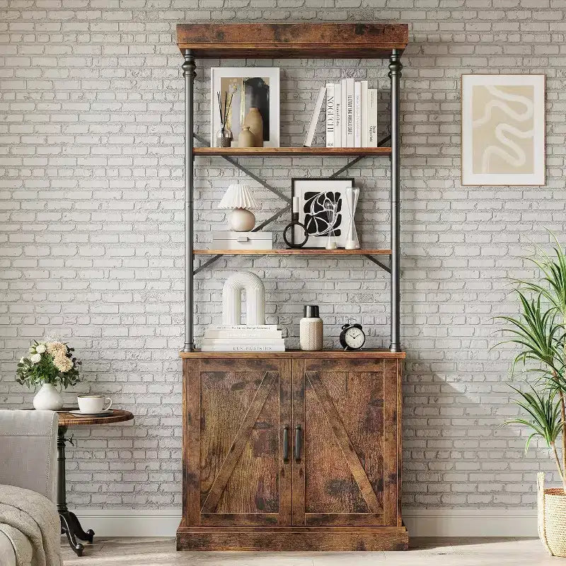 Bibliothèque haute avec portes, étagère industrielle à 4 niveaux avec armoire, cadre en bois et métal