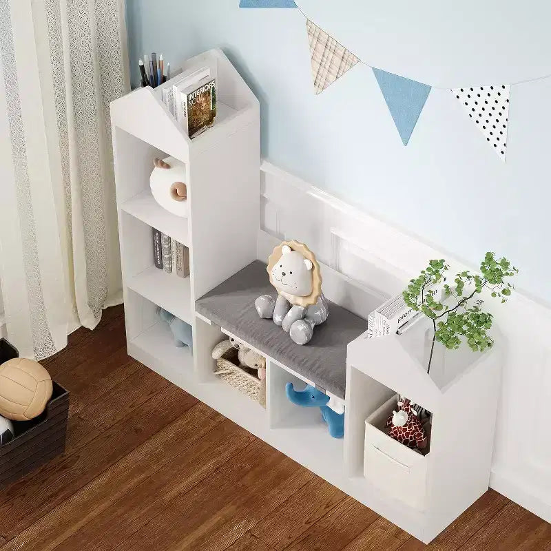Étagère et banc de rangement pour enfants, organisateur à 6 casiers avec coussin d'assise, bibliothèque en bois pour salle de jeux, chambre, coin lecture