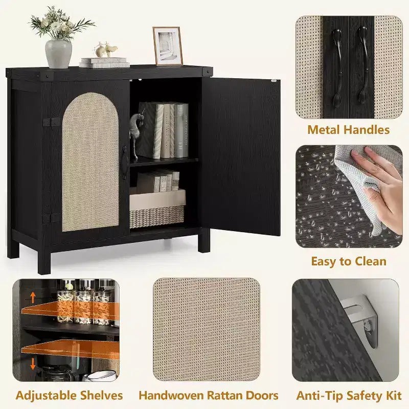 Buffet avec armoire de rangement à accents de rotin, buffet avec étagères réglables, armoire de rangement avec portes en rotin synthétique pour salon, salle à manger
