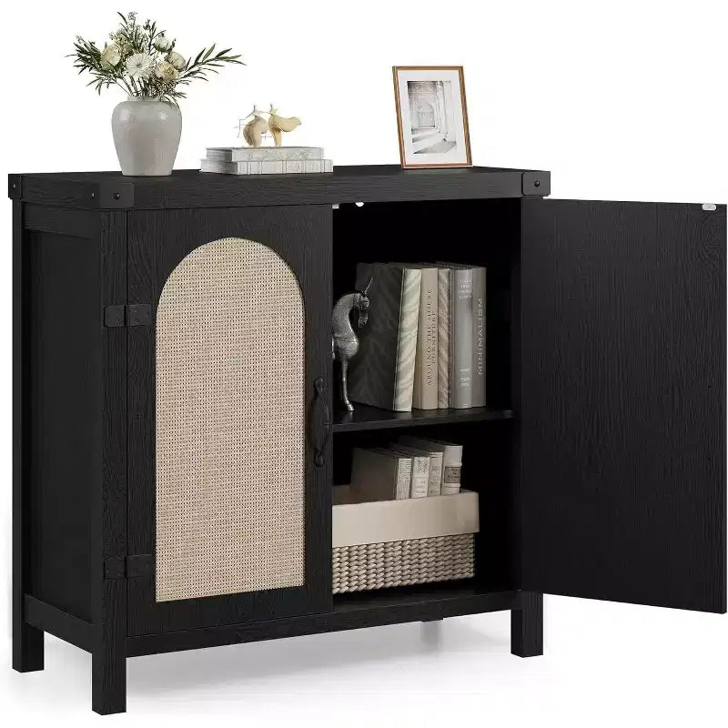 Buffet avec armoire de rangement à accents de rotin, buffet avec étagères réglables, armoire de rangement avec portes en rotin synthétique pour salon, salle à manger