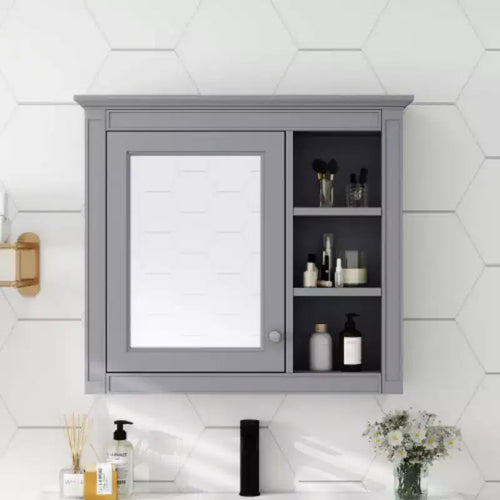 30x28 inch Gray Wall Mounted Bathroom Storage Medicine Cabinet with Mirror and 3 Open Shelves