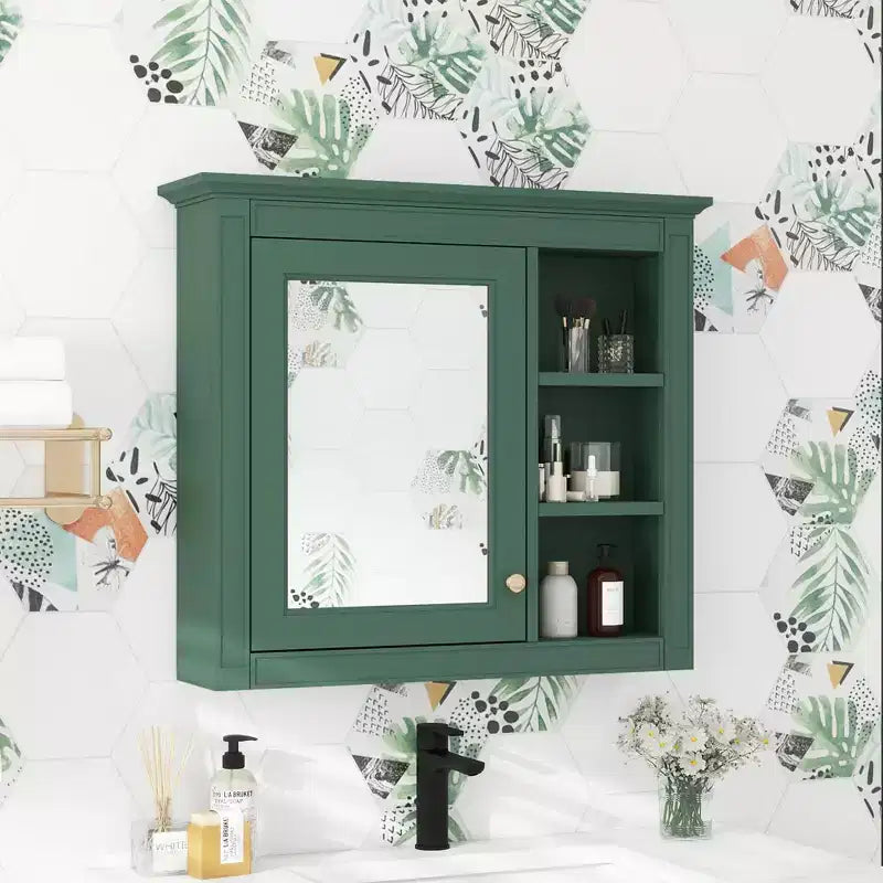 Meuble de salle de bain mural gris de 30x28 pouces avec miroir et 3 étagères ouvertes