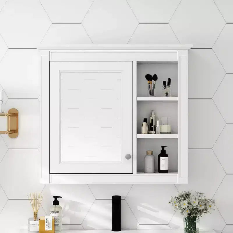 Meuble de salle de bain mural gris de 30x28 pouces avec miroir et 3 étagères ouvertes