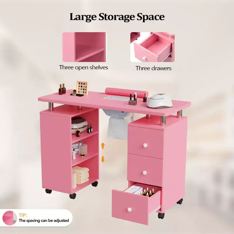 Table de manucure en MDF de 42,5 po à 3 tiroirs avec collecteur de poussière et meuble latéral