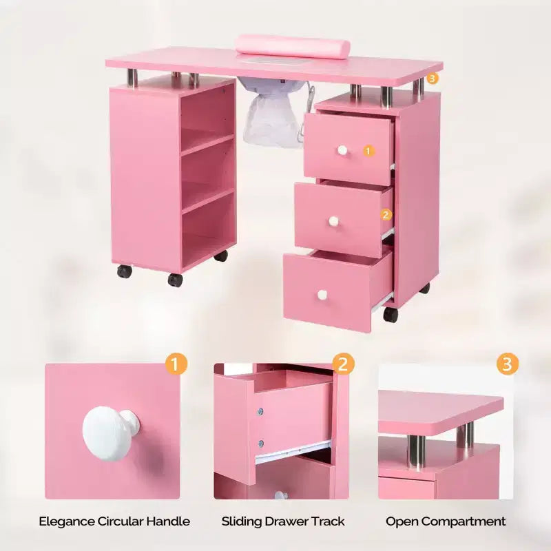 Table de manucure en MDF de 42,5 po à 3 tiroirs avec collecteur de poussière et meuble latéral