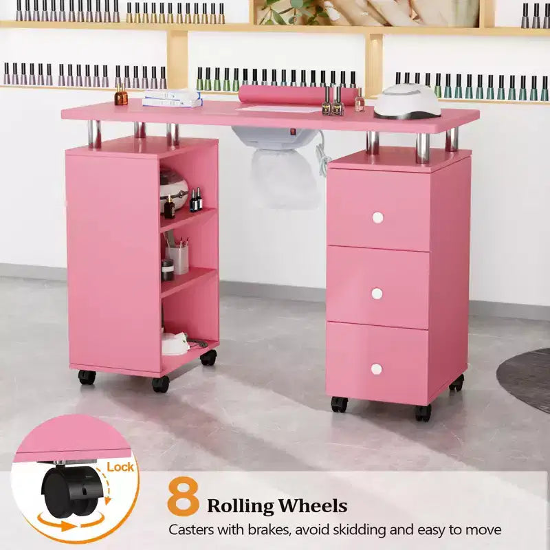 Table de manucure en MDF de 42,5 po à 3 tiroirs avec collecteur de poussière et meuble latéral