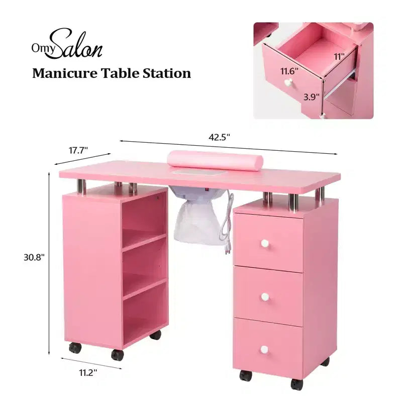 Table de manucure en MDF de 42,5 po à 3 tiroirs avec collecteur de poussière et meuble latéral