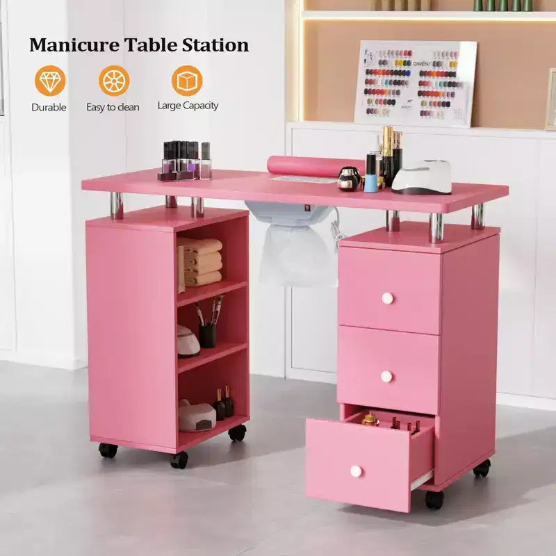 Table de manucure en MDF de 42,5 po à 3 tiroirs avec collecteur de poussière et meuble latéral