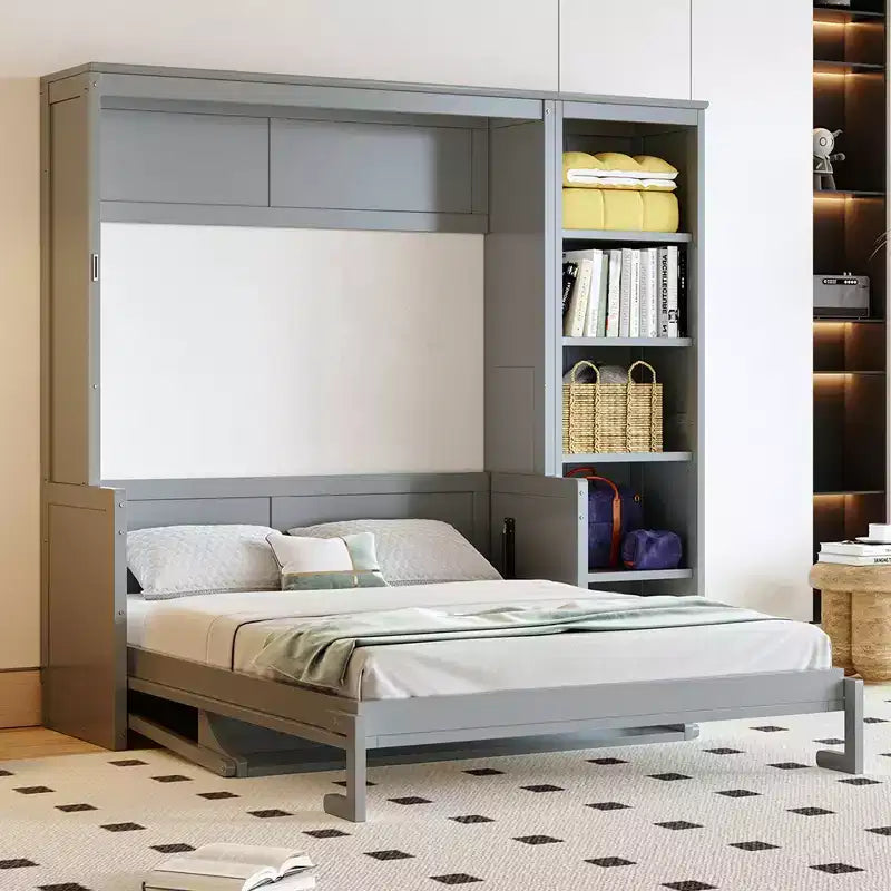 Murphy Bed with Fold-Out Desk & Bookshelves, Wall-Mounted Space-Saving Bed for Bedroom & Home Office
