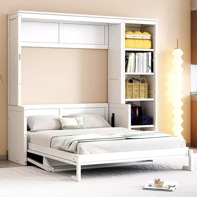 Murphy Bed with Fold-Out Desk & Bookshelves, Wall-Mounted Space-Saving Bed for Bedroom & Home Office