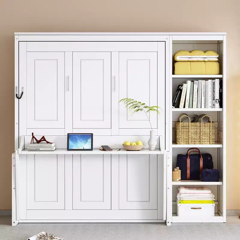 Murphy Bed with Fold-Out Desk & Bookshelves, Wall-Mounted Space-Saving Bed for Bedroom & Home Office