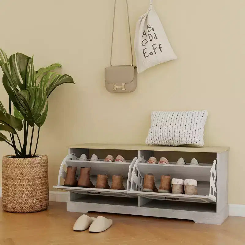Banc de rangement pour chaussures blanc antique avec 2 tiroirs basculants et étagères réglables, 45 cm H x 105 cm L