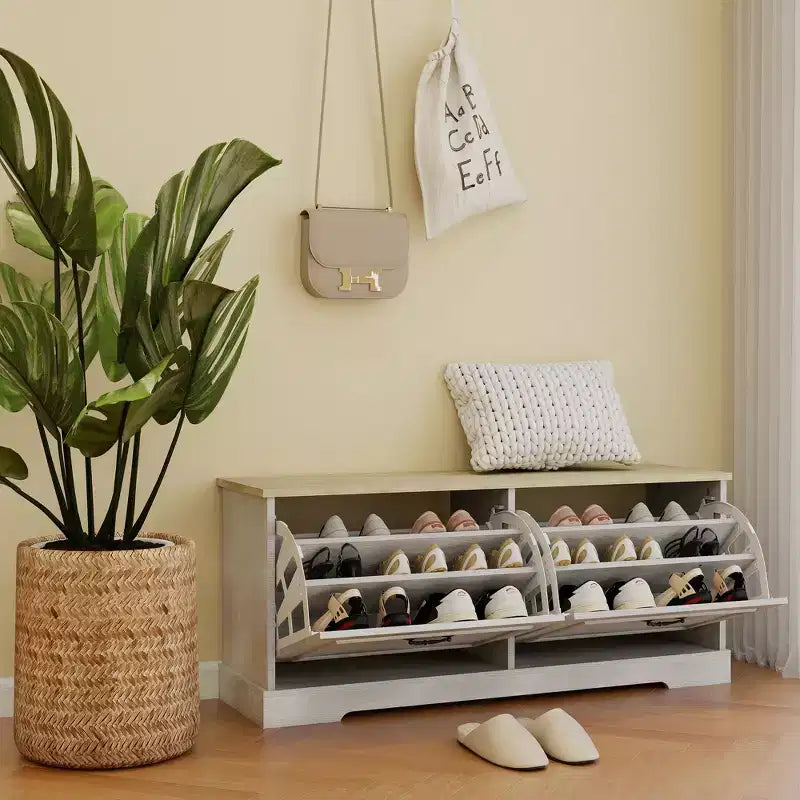 Banc de rangement pour chaussures blanc antique avec 2 tiroirs basculants et étagères réglables, 45 cm H x 105 cm L
