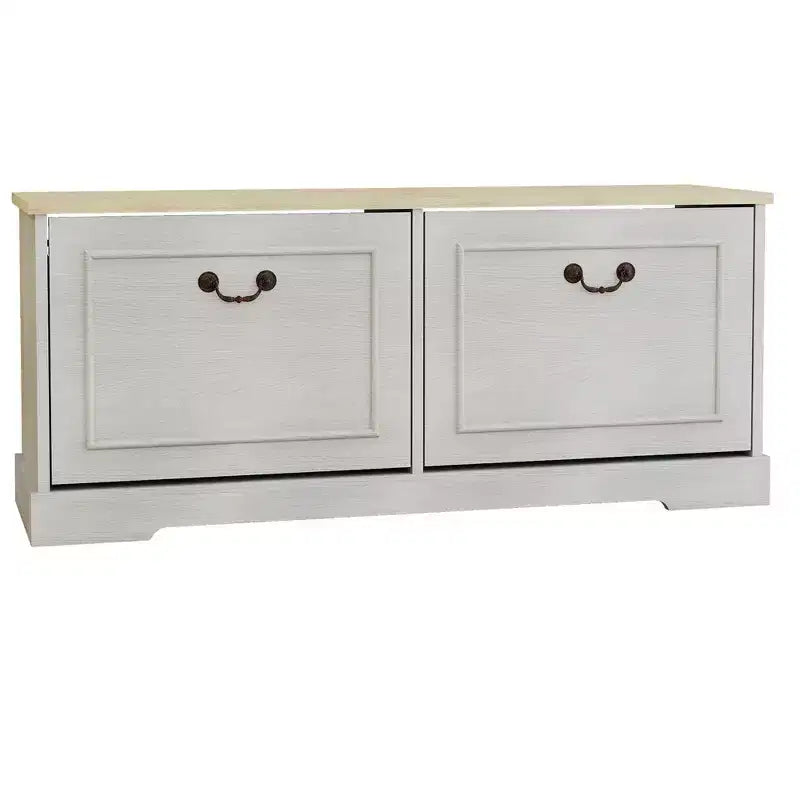 Banc de rangement pour chaussures blanc antique avec 2 tiroirs basculants et étagères réglables, 45 cm H x 105 cm L