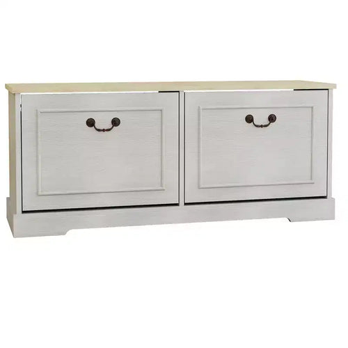 Banc de rangement pour chaussures blanc antique avec 2 tiroirs basculants et étagères réglables, 45 cm H x 105 cm L