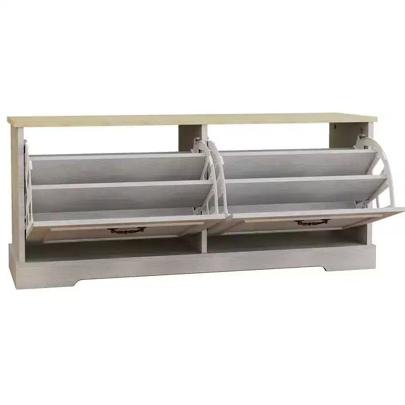 Banc de rangement pour chaussures blanc antique avec 2 tiroirs basculants et étagères réglables, 45 cm H x 105 cm L