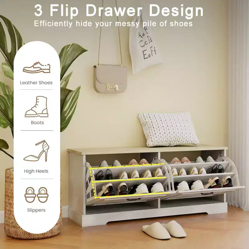 Banc de rangement pour chaussures blanc antique avec 2 tiroirs basculants et étagères réglables, 45 cm H x 105 cm L