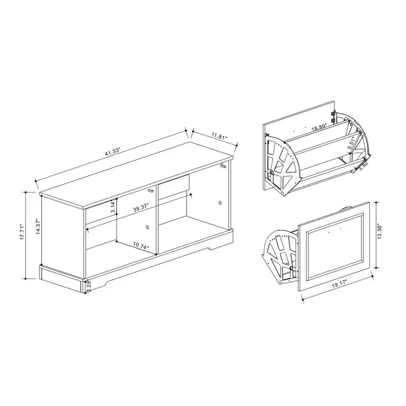 Banc de rangement pour chaussures blanc antique avec 2 tiroirs basculants et étagères réglables, 45 cm H x 105 cm L