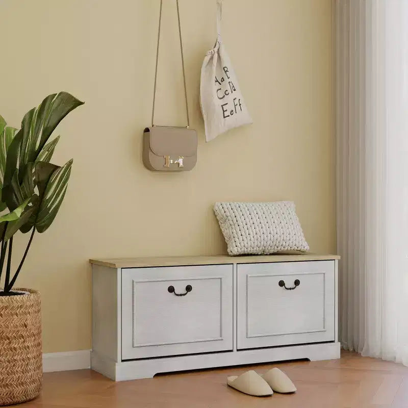 Banc de rangement pour chaussures blanc antique avec 2 tiroirs basculants et étagères réglables, 45 cm H x 105 cm L